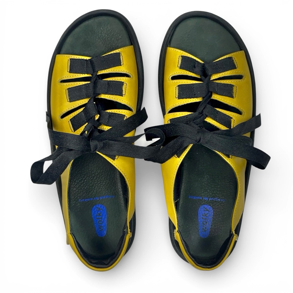 Wolky Yellow Leather Peep Toe Lace Up Platform Wedge Sandal Shoes 9